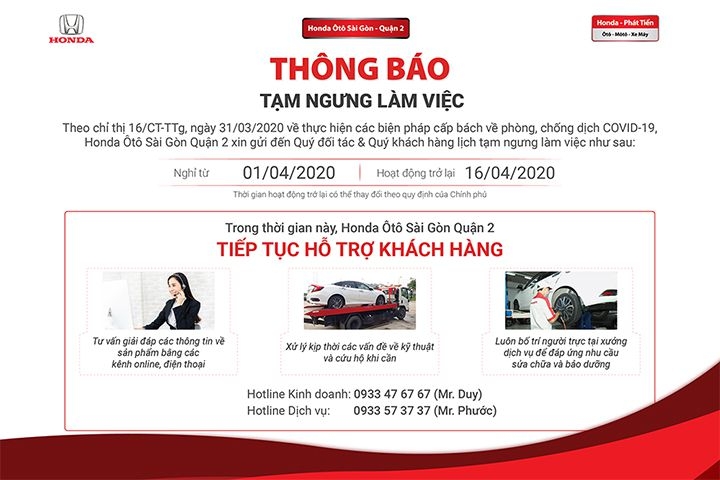 Honda Ôtô Sài Gòn Quận 2 thông báo tạm ngưng hoạt động mùa Covid-19